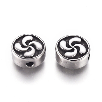 304 Stainless Steel Beads, Flat Round with Windmill, Antique Silver, 9.8x4.8mm, Hole: 1.6mm
