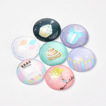 Printed Glass Flat Back Cabochons, Dome/Half Round, Birthday Theme, Mixed Color, 12x4mm