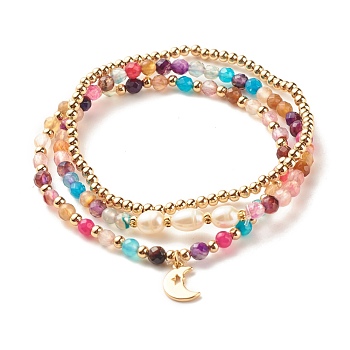 3Pcs Natural Agate & Pearl Beaded Stretch Bracelets Set, Brass Moon Charm Bracelets for Women, Colorful, Inner Diameter:  2-1/8~2-1/4 inch(5.5~5.6cm)