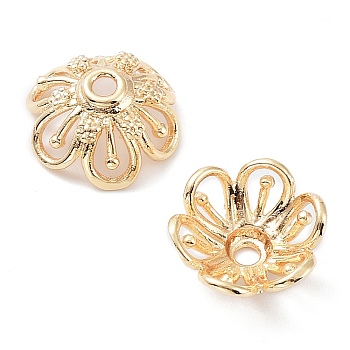 Brass Bead Caps, 6-Petal Flower, Real 18K Gold Plated, 15.5~16x14.5~15x7mm, Hole: 2mm