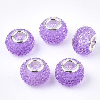 Resin Rhinestone European Beads, Large Hole Beads, with Platinum Tone Brass Double Cores, Rondelle, Berry Beads, Lilac, 14x10mm, Hole: 5mm