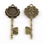 Tibetan Style Alloy Key Big Pendant Cabochon Settings, Cadmium Free & Nickel Free & Lead Free, Antique Bronze, Tray: 14mm, 52x20x2mm, Hole: 3mm(X-TIBEP-S290-01AB-NR)