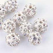 Handmade Polymer Clay Disco Ball Beads, with Glass Rhinestone, Crystal, PP13(1.9~2mm), 4 Rows Rhinestone, 6mm, Hole: 1mm(RB-R040-6mm-01)