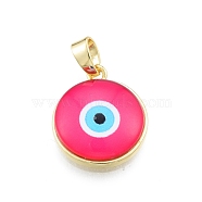 Glass Pendants, with Golden Plated Brass Findings, Flat Round with Evil Eye, Deep Pink, 19x16.5x5mm, Hole: 5x3.5mm(KK-I691-04D)