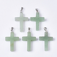 Natural Green Aventurine Pendants, with Stainless Steel Peg Bails, Cross, Stainless Steel Color, 29~30x18.5x4.5mm, Hole: 5.5x2mm(G-S358-001D)