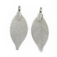 Iron Big Pendants, Electroplate Natural Leaf, Leaf, Platinum Plated, 52~53x19~20x1.5mm, Hole: 3x5.5mm(IFIN-T006-08P)