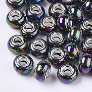 Opaque Resin European Beads, Large Hole Beads, Imitation Porcelain, with Platinum Tone Brass Double Cores, AB Color, Rondelle, Black, 14x9mm, Hole: 5mm(RPDL-T038-007A)