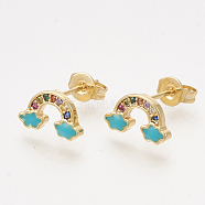 Brass Cubic Zirconia Stud Earrings, with Enamel and Ear Nuts, Rainbow, Golden, Dark Turquoise, 6x11mm, Pin: 0.7mm(EJEW-S201-169D)