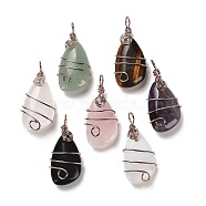 Natural & Synthetic Mixed Gemstone Pendants, Rack Plating Brass Wire Wrapped Gems Teardrop Charms, Cadmium Free & Lead Free, Rose Gold, 37~40x19~19.5x9.5~10mm, Hole: 4.5~5mm(G-F763-03RG)