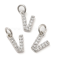 Brass Micro Pave Grade AAA Cubic Zirconia Charms, Letter V, Cadmium Free & Nickel Free & Lead Free, Real Platinum Plated, 9x6x1.5mm, Hole: 2mm(ZIRC-P067-11P-V-NR)