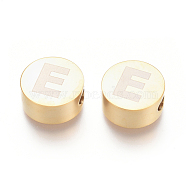 304 Stainless Steel Beads, Flat Round with Letter, Letter.E, 10x4.5mm, Hole: 2mm(STAS-I126-02G-E)