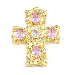 Brass Micro Pave Pink Cubic Zirconia Pendants, Hammered Cross Charms, Rack Plating, Long-Lasting Plated, Cadmium Free & Lead Free, Real 18K Gold Plated, 42x32x7mm, Hole: 1.4mm(CU-CBAD306-06G)