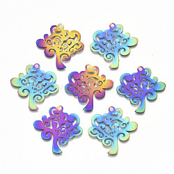 Ion Plating(IP) 201 Stainless Steel Pendants, Etched Metal Embellishments, Tree of Life, Rainbow Color, 29x28.5x0.3mm, Hole: 2mm(X-STAS-R114-028)