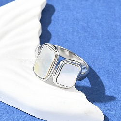 Rectangle 304 Stainless Steel White Shell Cuff Rings for Women, Stainless Steel Color, US Size 7 1/4(17.5mm)(RJEW-G346-04P-02)