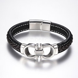 Men's Braided Leather Cord Bracelets, with 304 Stainless Steel Findings and Magnetic Clasps, Black, 8-5/8 inch(220mm)(X-BJEW-H559-15G)