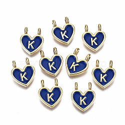 Alloy Enamel Charms, Cadmium Free & Lead Free, Heart with Initial Letters, Light Gold, Blue, Letter.K, 14.5x11.5x4.5mm, Hole: 2mm(ENAM-T012-02K-RS)
