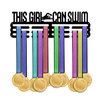Fashion Iron Medal Hanger Holder Display Wall Rack, with Screws, Word This Girl Can Swim, Sports Themed Pattern, 150x400mm