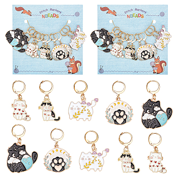 Cat & Paw Print Alloy Enamel Pendant Stitch Markers, Crochet Leverback Hoop Charms, Locking Stitch Marker with Wine Glass Charm Ring, Mixed Color, 3.5~4.2cm, 5 style, 2pcs/style, 10pcs/set