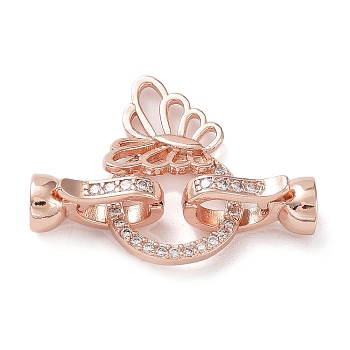 Rack Plating Brass Micro Pave Clear Cubic Zirconia Fold Over Butterfly Extension Clasps, Long-Lasting Plated, Cadmium Free & Lead Free, Rose Gold, 14x7.5x6mm, Hole: 4.5mm