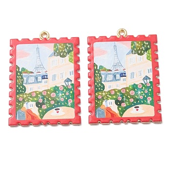Printed Alloy Pendants, Rectangle with Cityscape Charms, Rack Plating, Cadmium Free & Lead Free, Red, 43x30x2mm, Hole: 1.8mm