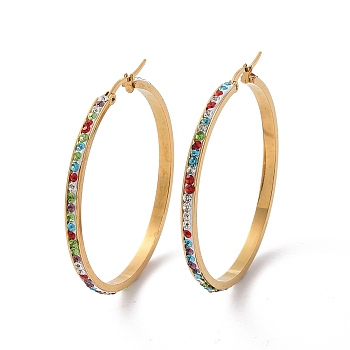 304 Stainless Steel Hoop Earrings, with Polymer Clay and Rhinestone, Ring, Golden, Colorful, 51x49x3.5mm