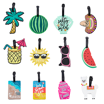 12Pcs 12 Style PVC Luggage Tag, Travel ID Labels, Suitcase Name Tags, Beach Theme, Coconut Tree/Hat/Glasses Shapes, Mixed Color, 123~185mm, 1pc/style