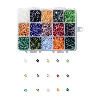 375G 15 Colors 12/0 Grade A Round Glass Seed Beads, Transparent Colours Rainbow, Mixed Color, 2x1.5mm, Hole: 0.9mm, 25g/color, about 25000pcs/box