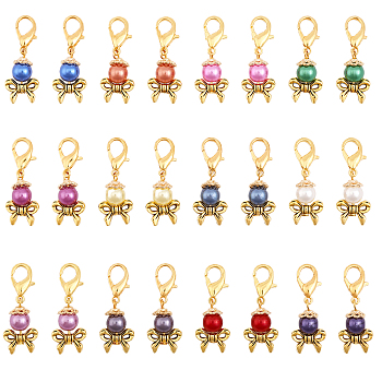 24Pcs 12 Colors Acrylic Imitation Pearl Pendant Decorations, Bowknot Lobster Clasp Charms, Clip-on Charms, for Keychain, Purse, Backpack Ornament, Stitch Marker, Mixed Color, 35.5~36mm, 2pcs/color