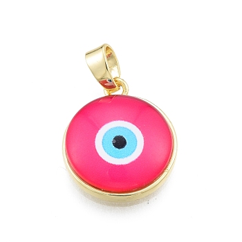 Glass Pendants, with Golden Plated Brass Findings, Flat Round with Evil Eye, Deep Pink, 19x16.5x5mm, Hole: 5x3.5mm