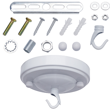 Iron Light Fixture Ceiling Canopy Kits, with Screws, Hanger Hooks & Plastic Findings, Flat Round, White, 104x26mm, Hole: 6mm & 12mm