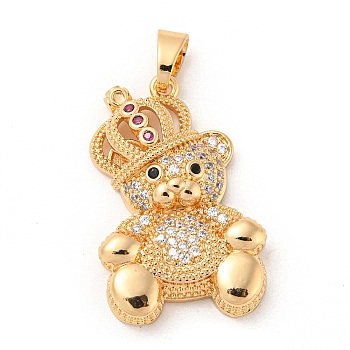 Brass Micro Pave Cubic Zirconia Pendants, Long-Lasting Plated, Bear, Golden, 30.5x20x6mm, Hole: 6.5x4mm