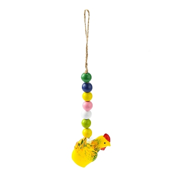 Easter Theme Plastic Rooster Pendant Decorations, with Hemp Rope & Wooden Beads, Yellow, 240mm