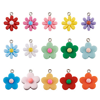 Resin Pendants, with Platinum Plated Screw Eye Pin Peg Bails, Flower & Daisy, Mixed Color, 24x19.5x8mm, Hole: 2mm, 22x7mm, Hole: 1.8~2mm, 30pcs/set