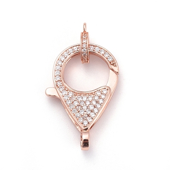 Brass Micro Pave Cubic Zirconia Lobster Claw Clasps, with Bail Beads/Tube Bails, Clear, Rose Gold, Clasp: 27x17x5mm, Hole: 3mm, Tube Bails: 10x8x2mm, Hole: 1mm