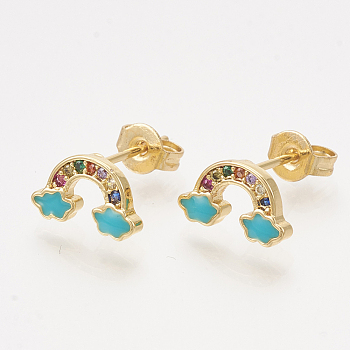 Brass Cubic Zirconia Stud Earrings, with Enamel and Ear Nuts, Rainbow, Golden, Dark Turquoise, 6x11mm, Pin: 0.7mm