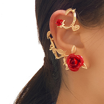 Alloy Rose Flower Stud Earrings, Climber Wrap Around Earrings for Women, Light Gold, 63.5x45x14mm, Pin: 0.9mm