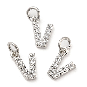Brass Micro Pave Grade AAA Cubic Zirconia Charms, Letter V, Cadmium Free & Nickel Free & Lead Free, Real Platinum Plated, 9x6x1.5mm, Hole: 2mm