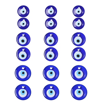 Glass Pendants, Flat Round with Evil Eyes, Blue, 25~34.5x6~8mm, 18pcs/box