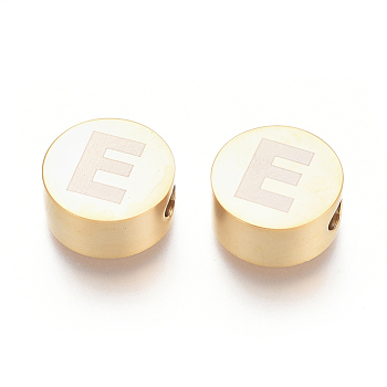 304 Stainless Steel Beads, Flat Round with Letter, Letter.E, 10x4.5mm, Hole: 2mm