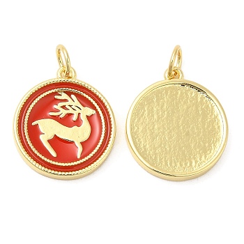 Christmas Rack Plating Brass Enamel Pendants, with Jump Ring, Lead Free & Cadmium Free, Long-Lasting Real 18K Gold Plated, Flat Round, Deer, 19.5x15x2.5mm, Hole: 3mm