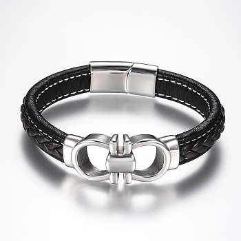 Men's Braided Leather Cord Bracelets, with 304 Stainless Steel Findings and Magnetic Clasps, Black, 8-5/8 inch(220mm)