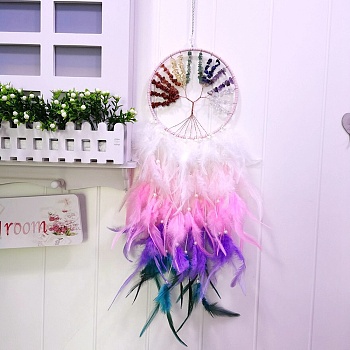 Woven Net/Web with Feather Art Pendant Decorations, with Natural Gemstone Chip, Plastic Bead, Colorful, 650mm