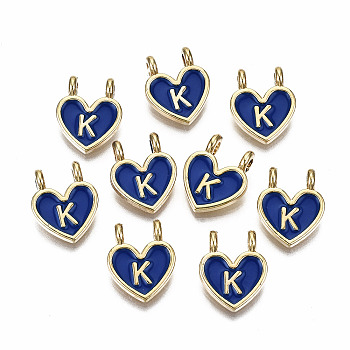 Alloy Enamel Charms, Cadmium Free & Lead Free, Heart with Initial Letters, Light Gold, Blue, Letter.K, 14.5x11.5x4.5mm, Hole: 2mm