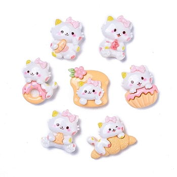 Opaque Cute Cat with Food Resin Decoden Cabochons, Mixed Shapes, White, 19~23x16~25x8~9mm