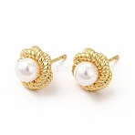 Rack Plating Brass Stud Earrings for Women, with Plastic Imitation Pearl, Long-Lasting Plated, Lead Free & Cadmium Free, Round, Real 18K Gold Plated, 10.5mm, Pin: 0.8mm(X-EJEW-H091-19G)