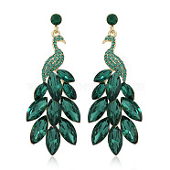 Exquisite Peacock Alloy Dangle Stud Earrings, with Rhinestone, Golden, Green(PN0613-1)