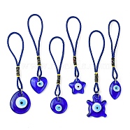 Evil Eye Lampwork Pendant Decorations, Polyester Braided Loop Hanging Ornaments, Mixed Shape, Blue, 124~140mm, 6pcs/set(HJEW-JM01274)