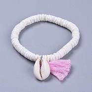 Cotton Thread Tassels Charm Bracelets, with Shell Beads and Cowrie Shell Beads, with Burlap Paking Pouches Drawstring Bags, Pearl Pink, 2 inch(5~5.1cm)(BJEW-JB04385-02)