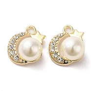 Alloy with Rhinestone Pendants, with ABS Imitation Pearl, Moon Charms, Golden, 18.5x16x11.5mm, Hole: 2.2mm(FIND-B032-10G)
