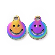 Vacuum Plating 304 Stainless Steel Charms, Cut-Out, Manual Polishing, Hollow, Flat Round with Smile, Rainbow Color, 8x6x1mm, Hole: 0.8mm(STAS-G215-03M)